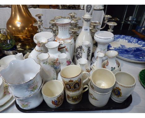 A Tray of Ceramic to Include Commemorative Mugs, Aynsley Cottage Garden and Other Vases, Wedgwood Ribbon Cascade, Oriental St