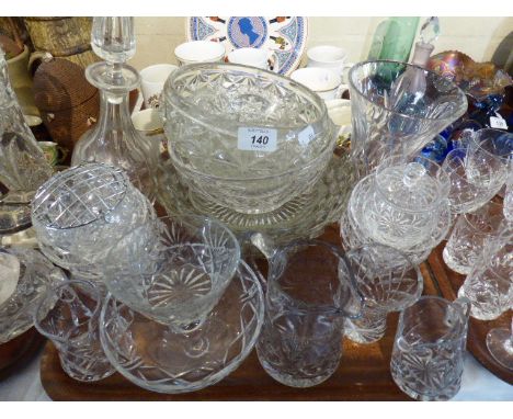 A Tray of Cut and Moulded Glassware to Include Jugs, Decanter, Bowls, Vases