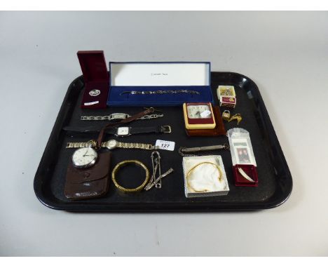 A Tray Containing Wrist Watches, Pocket Watch, Costume Jewellery, Alarm Clock etc 