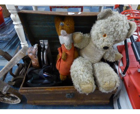 A Metal Travelling Truck Containing Bazil Brush, Teddy, Scales, Gas Mask, Polaroid Camera etc 