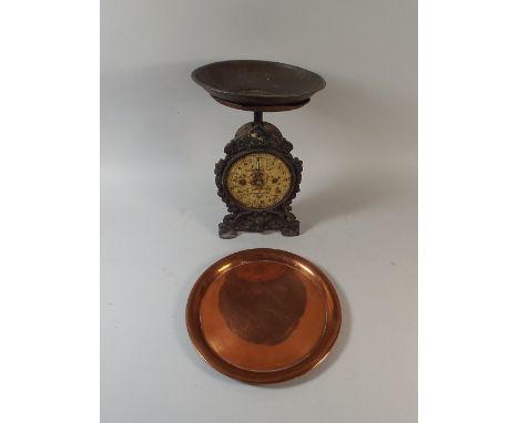 A Set of Cast Iron Based Household Scales Together with a Small Copper Tray