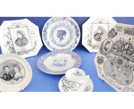 1887 Victoria golden jubilee commemoratives - five plates, a cup and saucer (Rd. No. 65169) and one earlier plate. The plates