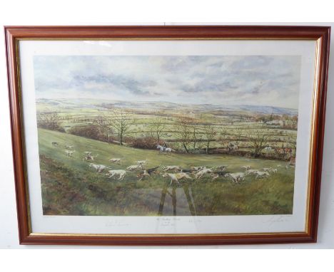 JOY HAWKER - 'The Heythrop Hounds in the Evenlode Vale'; a large framed and glazed limited edition colour print (43 of 460), 
