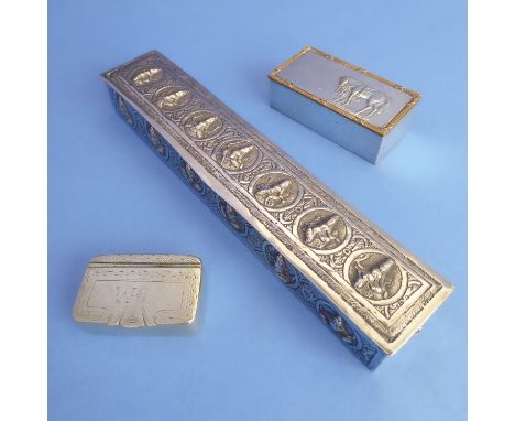 An Indian silver quill / pen-box (marks to rim), a Victorian silver-plated snuff box and a silver-plated stamp-box with the l