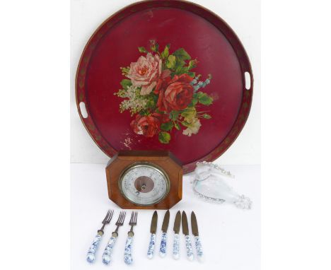 An assortment of items to include:a large circular two-handled late 19th/early 20th century Tole-ware serving tray hand-decor
