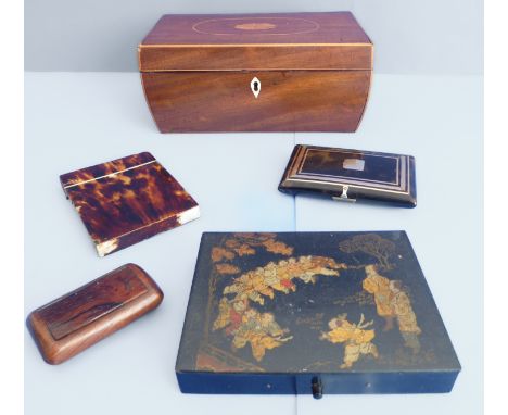 A late Georgian caddy box containing an ornate late 19th century cigarette case, a 19th century card case, a 19th century snu