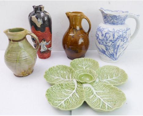 A group of five ceramic pieces comprising:an Edwardian Doulton Burslem blue-and-white ceramic jug decorated in the 'Iris' pat