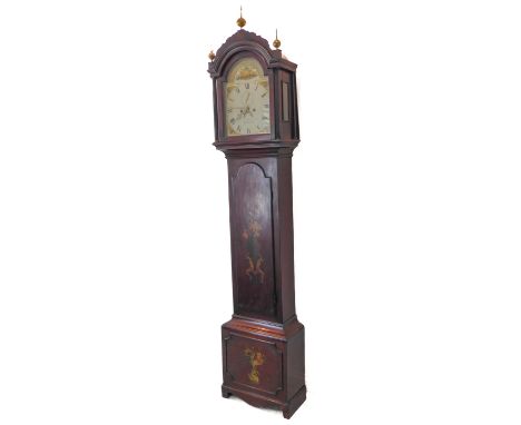 A George III period painted mahogany eight-day longcase clock: the 12 inch painted broken-arch dial with Roman numerals, subs