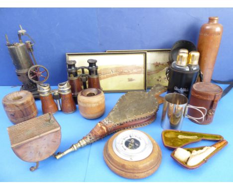 A variety of interesting and collectable items to include:antique brass-faced bellows;two pairs of field glasses;a silver-pla