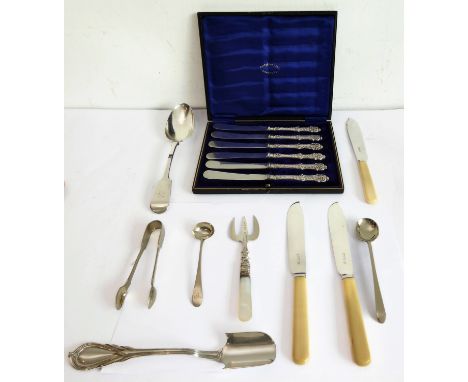 Assorted silver and silver-plated flatware and cutlery to include: a cased set of six silver-handled tea knives; a fiddle pat