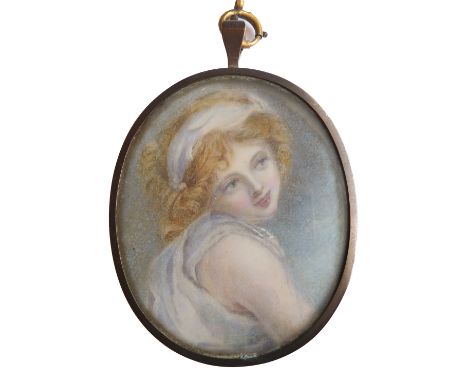 A 19th century rose-gold coloured oval-framed shoulder-length portrait study of a beautiful young girl; in her curly blonde h