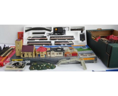 A Hornby Intercity 225 electric train set with paperwork, and a large quantity of accessories to include track, buildings, pl