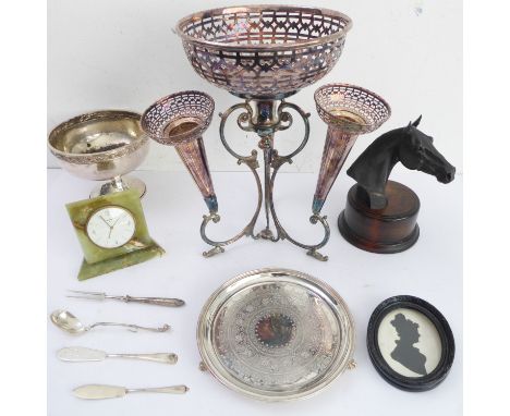 A selection to include:a large late 19th / early 20th century silver-plated epergne with removable bowl and three angled corn