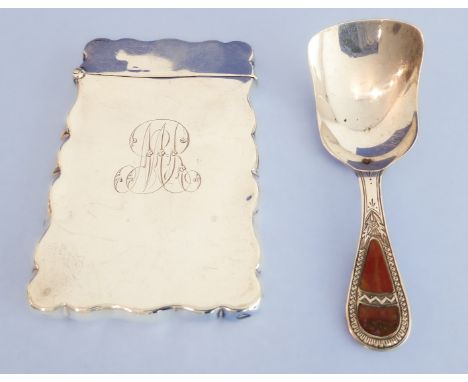 A hallmarked silver card case (Birmingham 1906) and a hallmarked silver caddy spoon (Birmingham 1928)