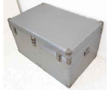 A silver-coloured metal-mounted storage trunk (97cm wide x 62cm deep x 56cm high)