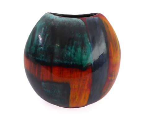 A Poole Pottery studioware vase of squat ovoid form; orange, turquoise, cobalt-blue and red glazes, Poole Pottery marks to un