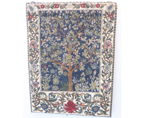 A Belgian Brussels-style decorative wall-hanging tapestry with tree of life design within a cream border with scrolling folia