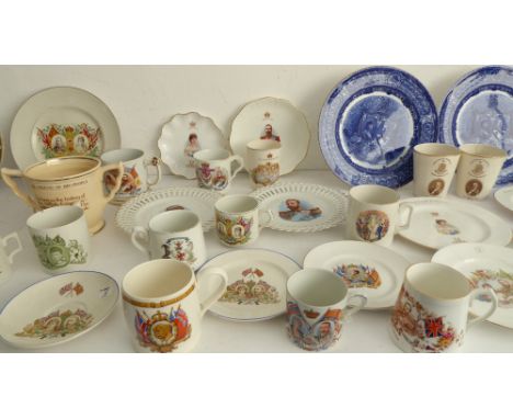 Mostly George V commemorative ware (1910-1936) to include:CORONATIONA pair of ribbon plates (21.5 cm);a pair of Royal Doulton