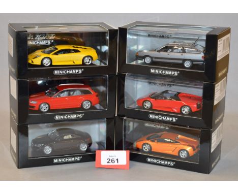 Minichamps. Six Lamborghini diecast model cars in 1:43 scale including Murcielago, a Murcielago Concept Car and a Gallardo to