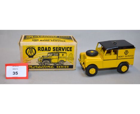 A boxed Morestone Land Rover 'AA Road Service' diecast model, the larger scale version of this vehicle that Morestone produce