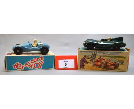 Two boxed Crescent Toys diecast model racing cars in 1:43 scale including 1289 Gordini, G+/VG and 1292 D Type Jaguar,G. in F 