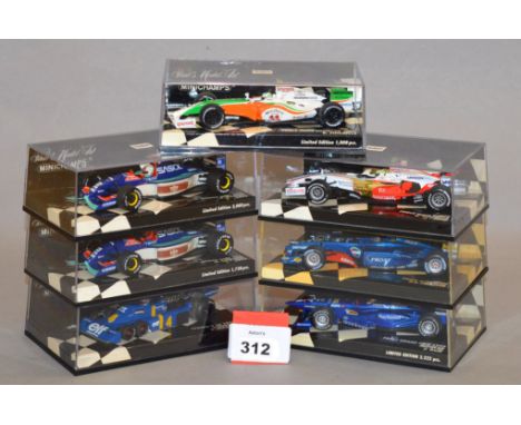 Minichamps. Seven diecast model Racing Cars in 1:43 scale including two Jordan Hart 192's a Force India Showcar 2009 and a VJ