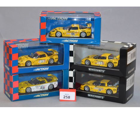 Minichamps. Four Corvette C5-R GTS diecast model cars in 1:43 scale together with a Corvette C5-R Daytona 24h. 2000, the latt