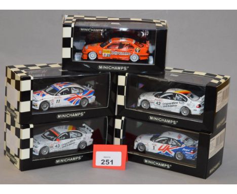 Minichamps. Five BMW 320i diecast model cars in 1:43 scale  including 430 032442, 430 032443, 400 042411, 400 052401 and 430 