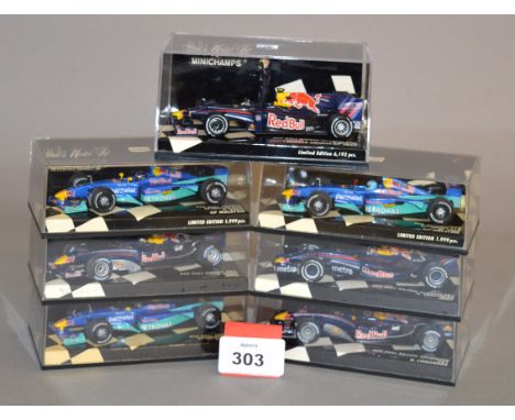 Minichamps. Seven Red Bull Raccing diecast model Racing Cars in 1:43 scale including Renault RB3, Cosworth RB1, Sauber Petron