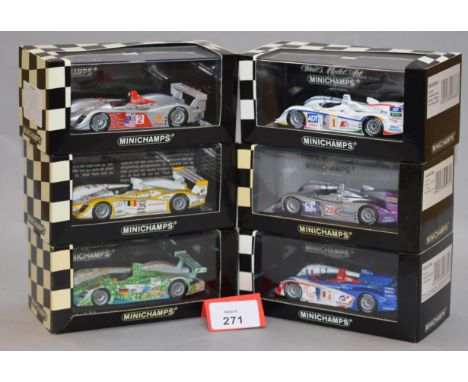 Minichamps. Six Audi R8 diecast model cars in 1:43 scale. All of the models are limited editions, boxed and E. (6)