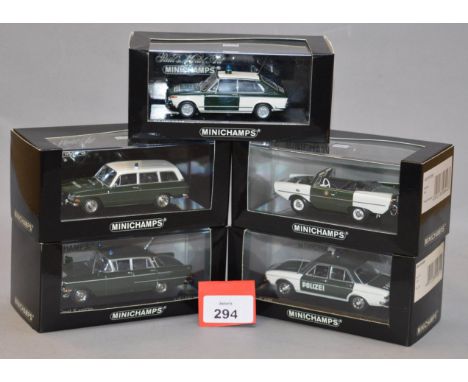 Minichamps. Five 'Polizei' diecast model cars, including Audi, BMW and Opel variants in 1:43 scale together with an Amphicar,