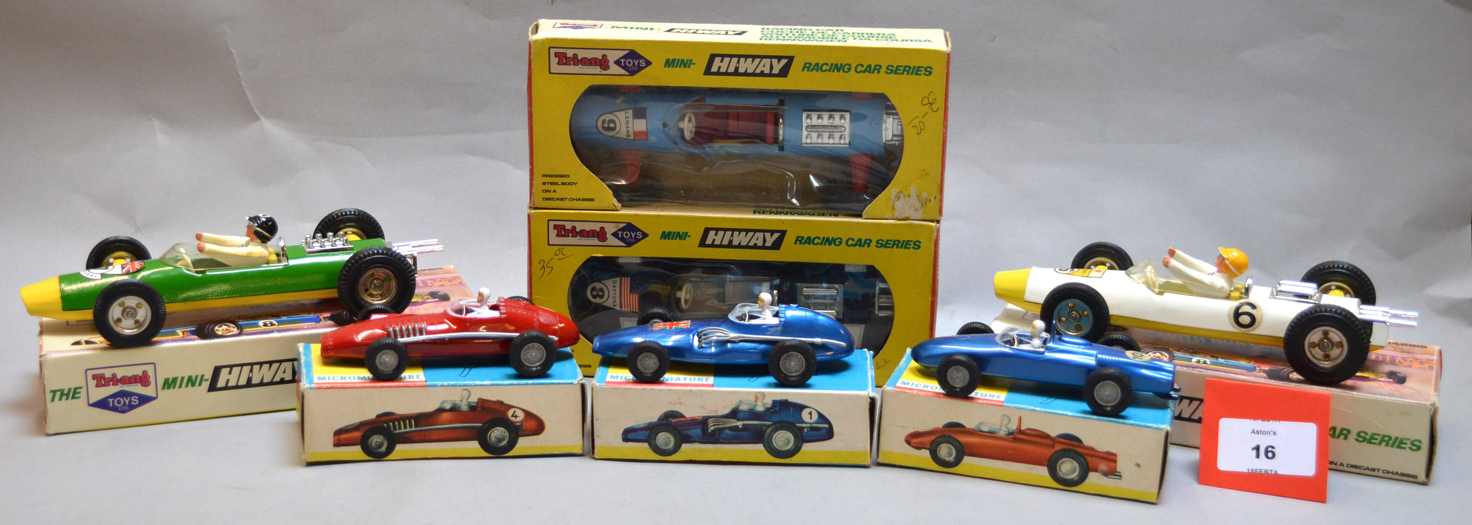 Four boxed Tri-ang Mini Hi-Way diecast models from their 'Racing Car ...