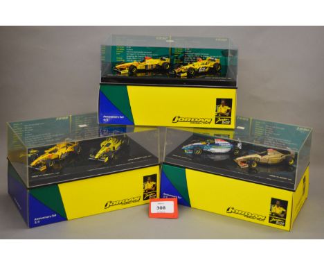 Minichamps. Five boxed 'Jordan Anniversary Sets', 1-5, each containing two diecast model F1 Racing Cars in 1:43 scale, all ap