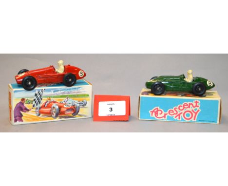 Two boxed Crescent Toys diecast model racing cars in 1:43 scale including 1286 Ferrari and 1287 Connaught. Overall models app