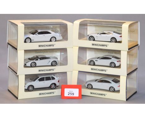 Minichamps. Six Linea Blanco 1:43 scale diecast model cars: No.7 Porsche Cayenne Turbo 2007; No.8 436 103500 Lamborghini Gall