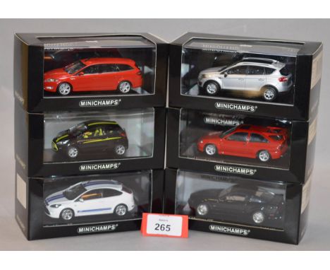 Minichamps. Six Ford diecast model cars in 1:43 scale, including Mondeo Turnier, Ka Digital, Focus ST, Escort Cosworth, Kuga 