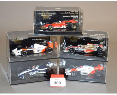Minichamps. Five diecast model Racing Cars in 1:43 scale  from the 'World Champions Collection' including Alain Prost Honda 1