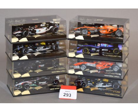 Minichamps. Eight diecast model Racing Cars in 1:43 scale including a European Minardi Cosworth PS03 M. Bobbi Test Driver and