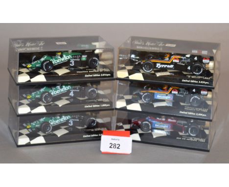 Minichamps. Six Tyrell Ford 012 diecast model Racing Cars in 1:43 scale. Five of the models are limited editions and all are 