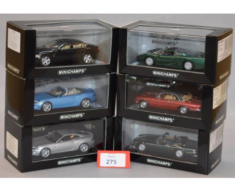 Minichamps. Six Jaguar diecast model cars in 1:43 scale, including XF, XK Convertible, XK Coupe, XJ220, XJ12 Coupe Series III