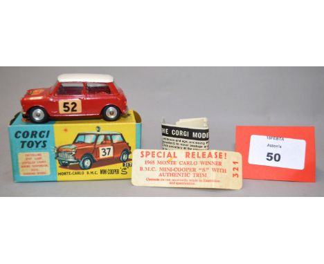 Corgi 321 Monte-Carlo BMC Mini Cooper 'S' with red body, white roof, red interior, spun hubs, racing number '52' decals to si
