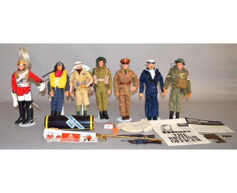 Seven Palitoy Action Man figures, all with flock hair and dressed: Sailor with blonde hair and beard; Life Guard with helmet 