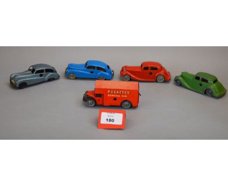 Five unboxed Wells Brimtoy diecast and tinplate clockwork models including a diecast Sunbeam Talbot and a tinplate 'Pocketoy'