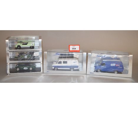 Five Spark 1:43 scale diecast models: S0276 Ford Transit Tyrrell 1974; S0292 Ford Transit Motorsport 1979; S0527 Lotus 19 no.