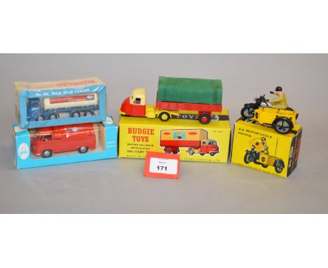 Four boxed Budgie Toys diecast models, 240 Scammell Scarab Railway Van with Canvas Hood, VG in G+/VG box, 452 AA Motorcycle P