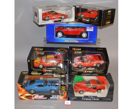 Seven large scale diecast models: Revell 1:12 scale Mini Cooper; ERTL 1:18 scale Gone In 60 Seconds 1970 Boss Mustang 429, no