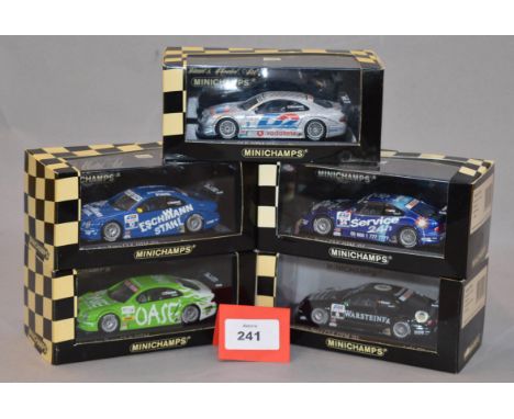 Minichamps. Five Mercedes Benz CLK Coupe DTM diecast model cars in 1:43 scale  including 400 013724 (L.Ed. 1536), 400 013106 