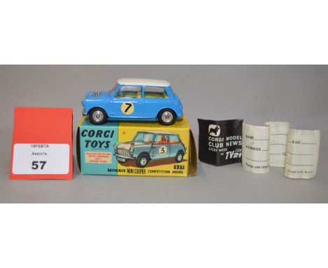 Corgi 227 Morris Mini-Cooper Competition Model in blue with white roof, lemon interior, racing number '7' decals to doors, Un