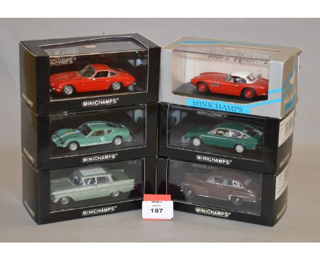 Minichamps. Six diecast model cars in 1:43 scale including an Alfa Romeo Alfetta GTV, Lamborghini 350GT, Melkus RS 1000 and B