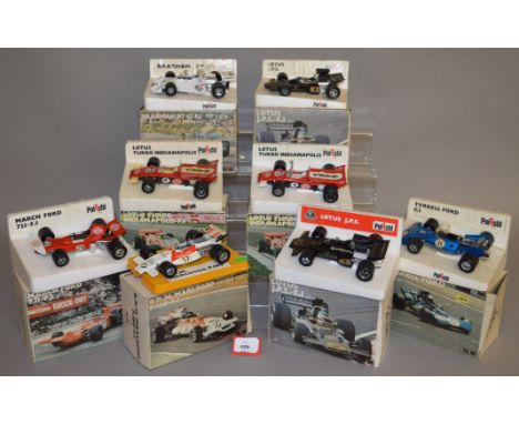 Seven Polistil 1:25 scale model F1 racing cars: FX1 Tyrrell Ford; FX2 March Ford 721; two FX3 Lotus JPS; FX4 BRM Marlboro P16